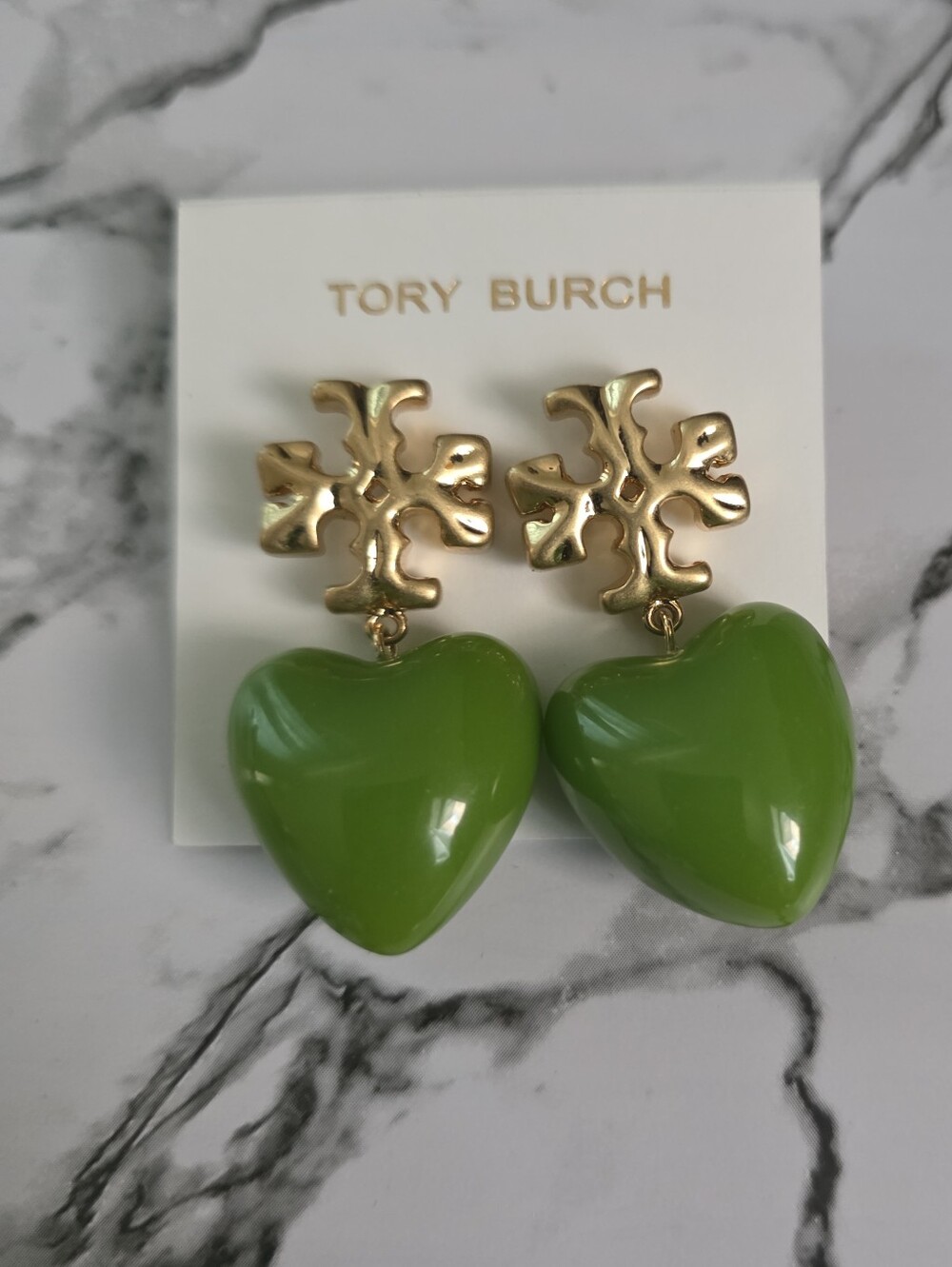 Tory Burch Gold Logo with Green Heart Drop Earrings